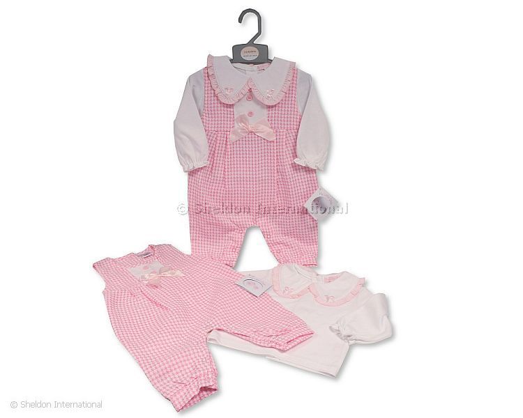Baby Girls 2 Pcs Long Dungaree Set With Lace And Bows