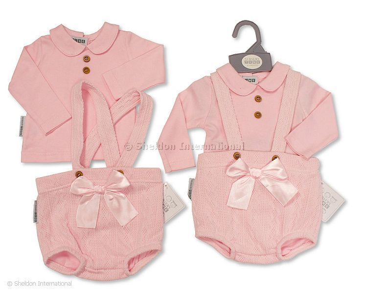 Baby Girls 2 Pcs Short Dungaree Set With Bow