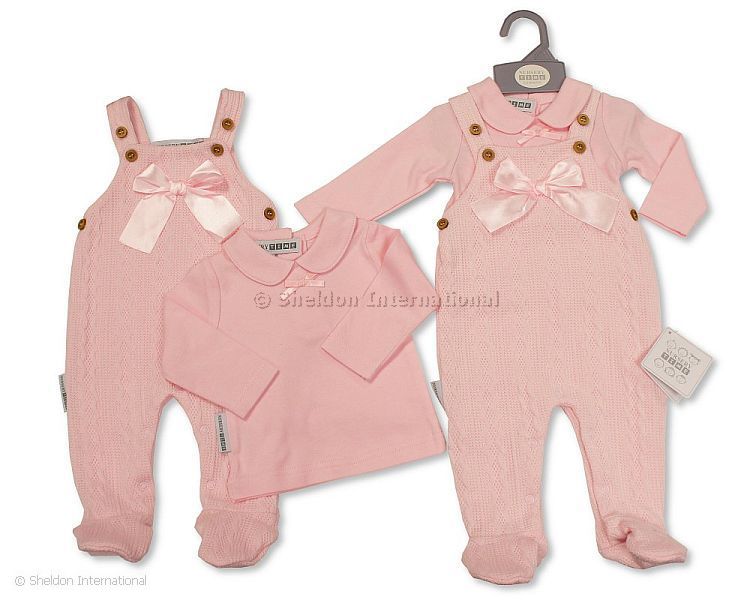 Baby Girls 2 Pieces Long Dungaree Set With Bow