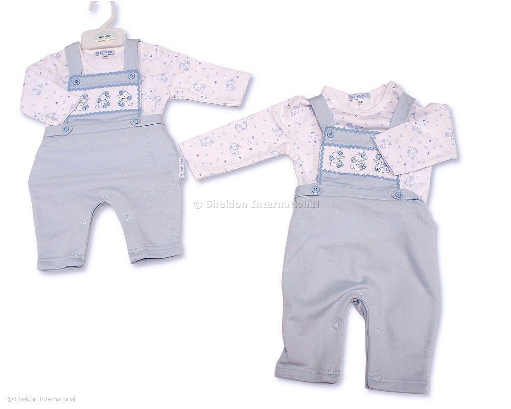 Baby Boys 2 Pcs Dungaree Set With Smocking - Elephant