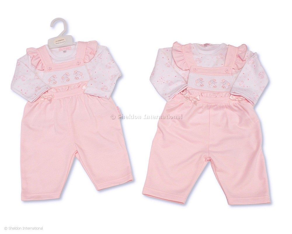 Baby Girls 2 Pcs Dungaree Set With Smocking - Elephant