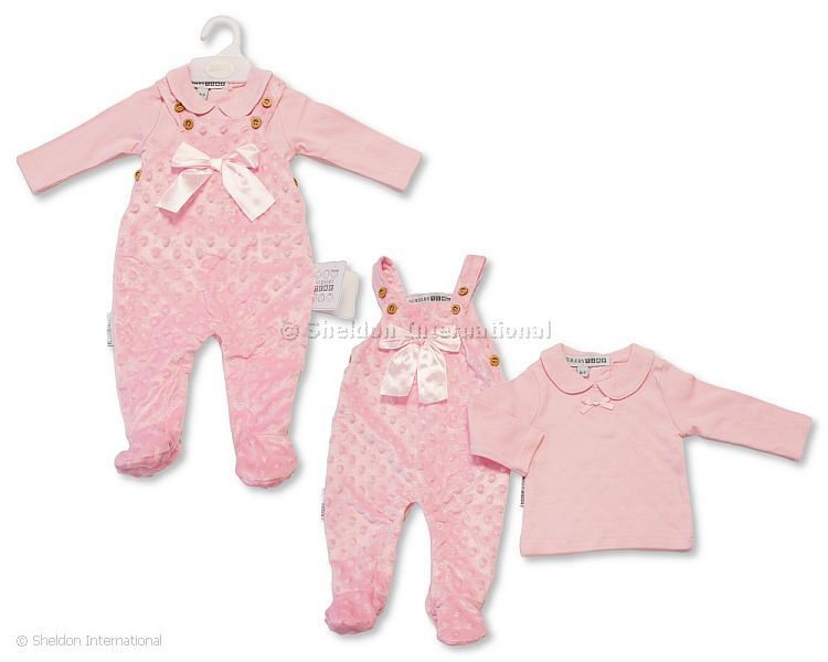Baby Girls 2 Pcs Dungaree Set With Dimple Dots And Bow