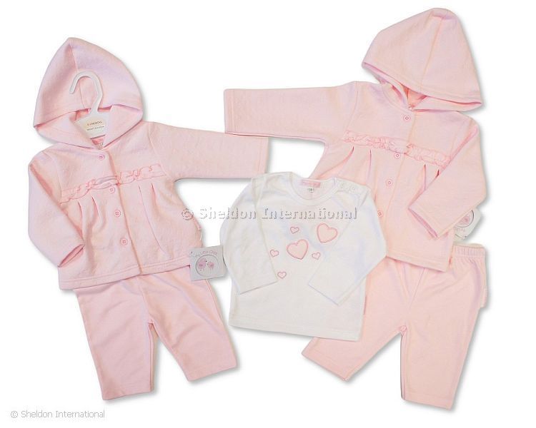 Baby Girls Heart Embossed 3 Pcs Set With Hood