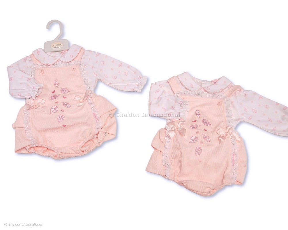 Baby Girls 2 Pcs Dress Dungaree Set - Leaves And Hearts