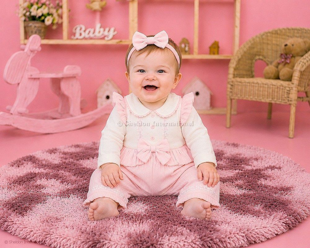 Baby Girls Long Romper With Lace Applique And Bow