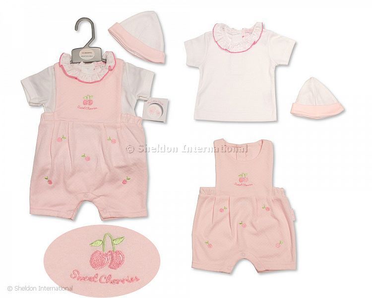 Baby Girls Box Dungaree Set With Hat - Sweet Cherries