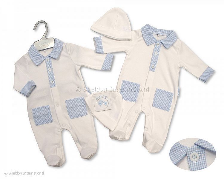 Baby Boys Gingham All In One With Pockets And Hat