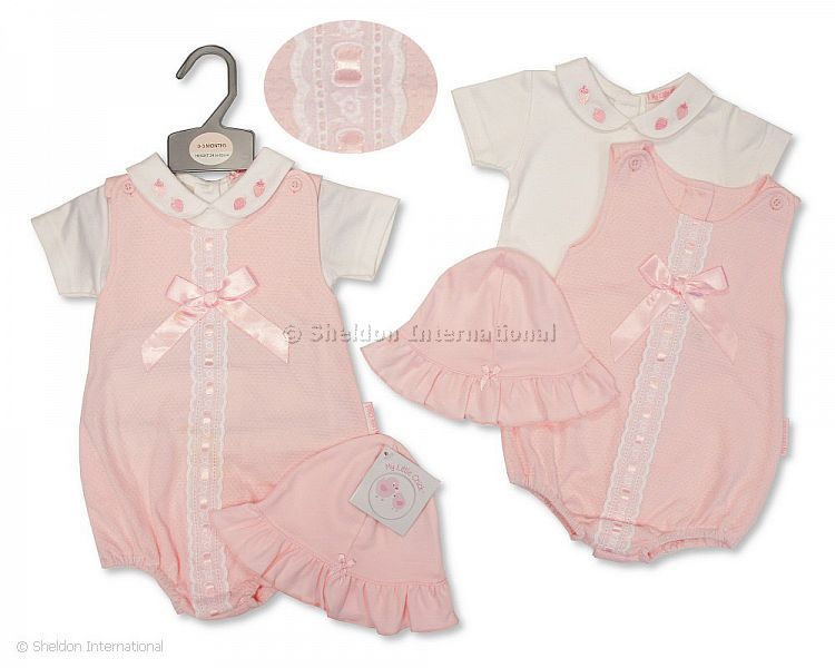 Baby Girls 2 Pcs Romper Set With Lace, Bow And Hat - Strawberry