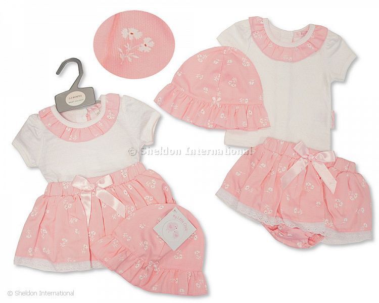 Baby Girls 2 Pcs Dress Set With Lace, Bow And Hat - Flowers