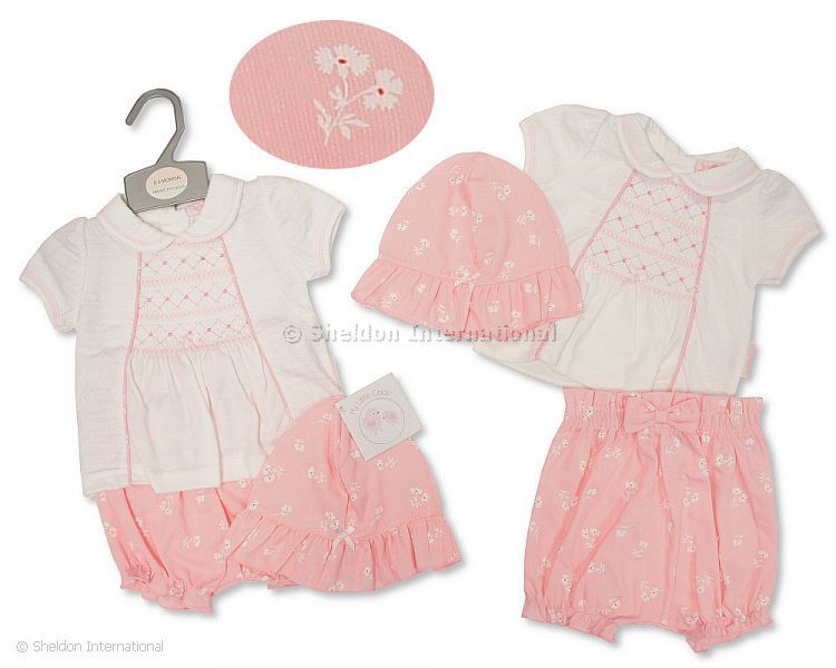 Baby Girls 2 Pcs Short Set With Smocking And Hat - Flowers