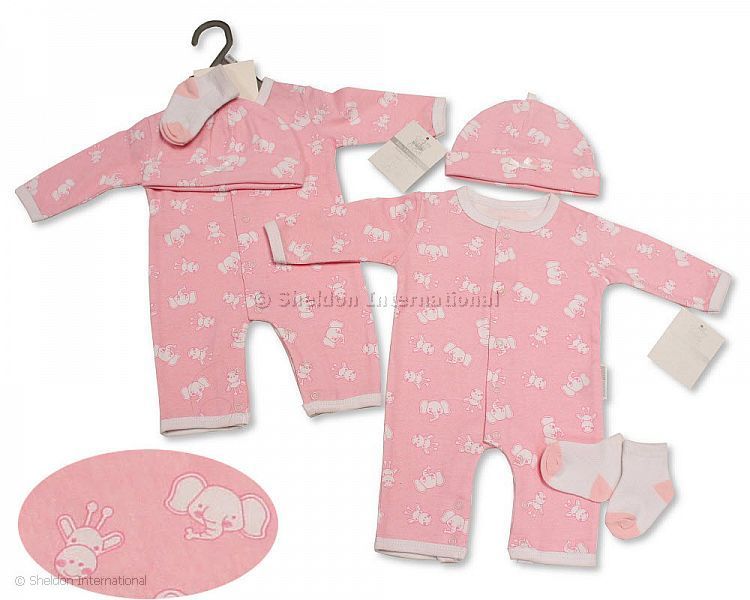 Baby Girls All-In-One With Hat And Socks - Elephant/ Giraffe