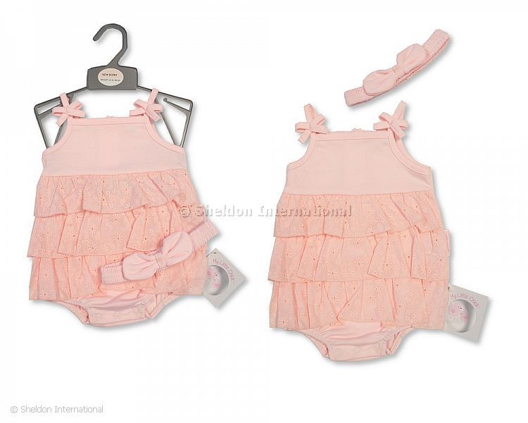 Baby Girls Tiered Romper With Bows And Headband - Pink