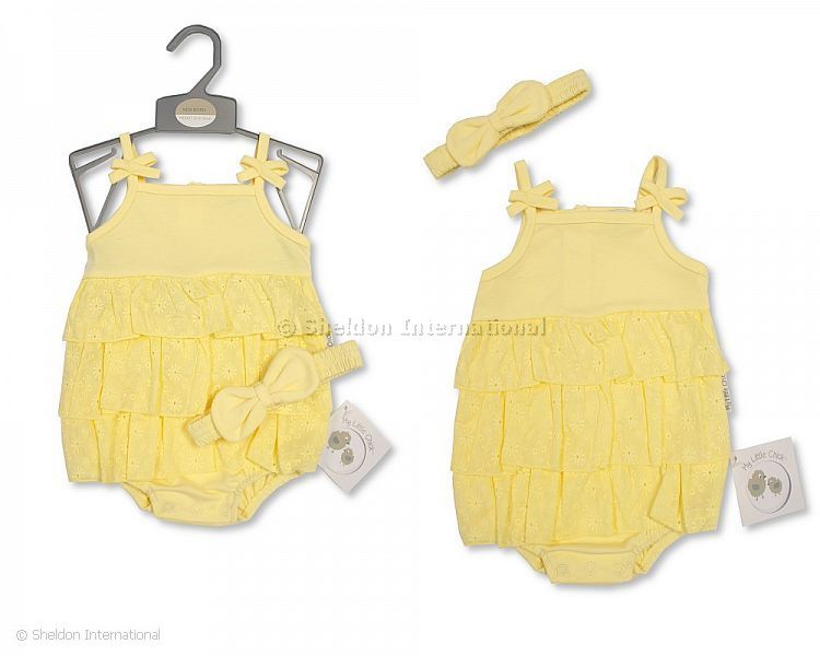 Baby Girls Tiered Romper With Bows And Headband - Lemon