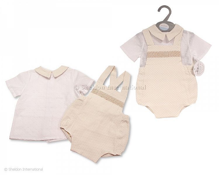 Baby Boys 2 Pcs Dungaree Set With Smocking - 0-12 Months