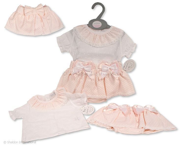 Baby Girls Skirt Set With Bows And Lace - Pink - 12-24 Months