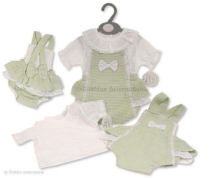 Baby Girls Dungaree Set With Bows And Lace - Sage - 12-24 Months