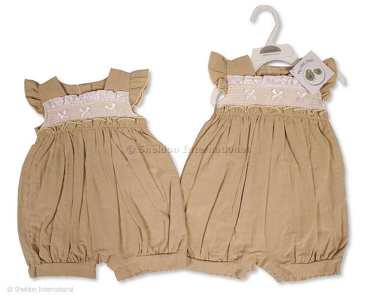 Baby Girls Linen Romper With Smocking And Bows