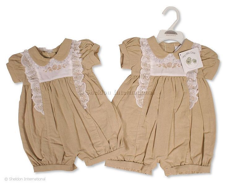 Baby Girls Linen Romper With Lace And Embroidery