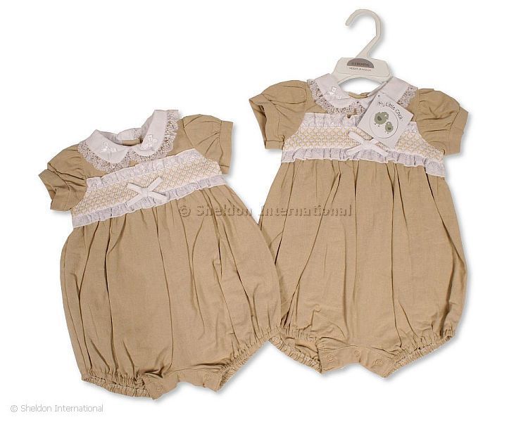 Baby Girls Linen Romper With Lace, Smocking And Bow