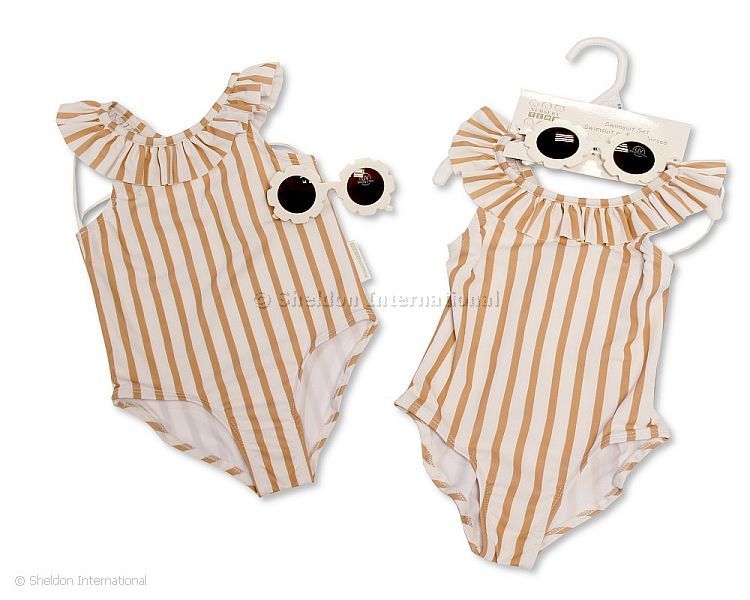 Baby Girls Ruffle Neck Swimsuit With Sunglasses - Sand