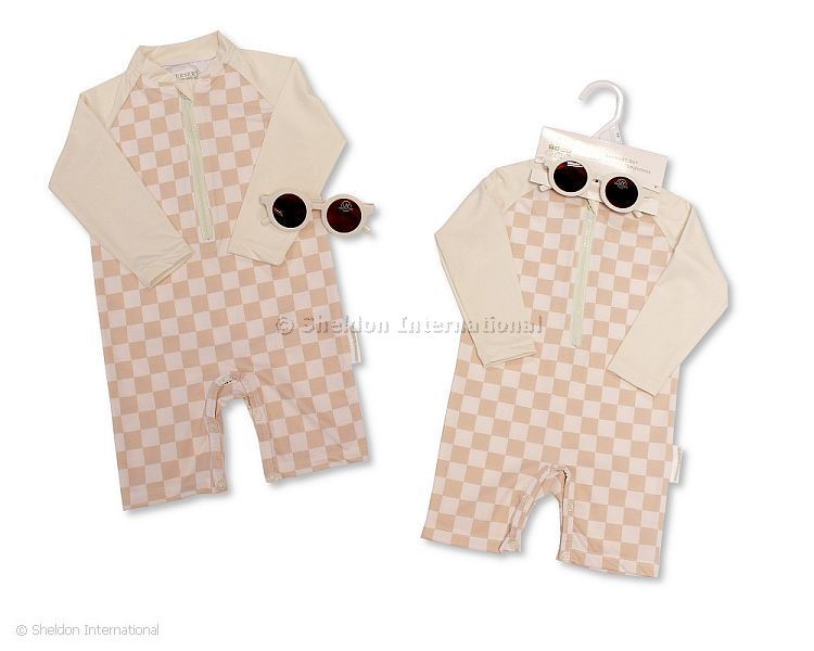 Baby Boys Zip Up Swimsuit With Sunglasses - Sand