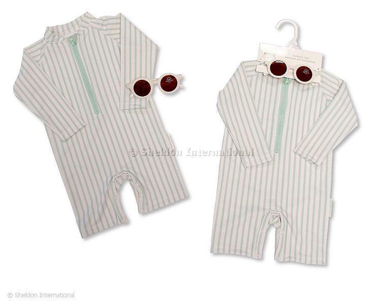 Baby Boys Zip Up Swimsuit With Sunglasses - Sage