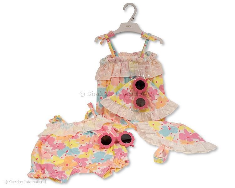 Baby Girls 2 Pcs Romper Set With Sunglasses - Flowers
