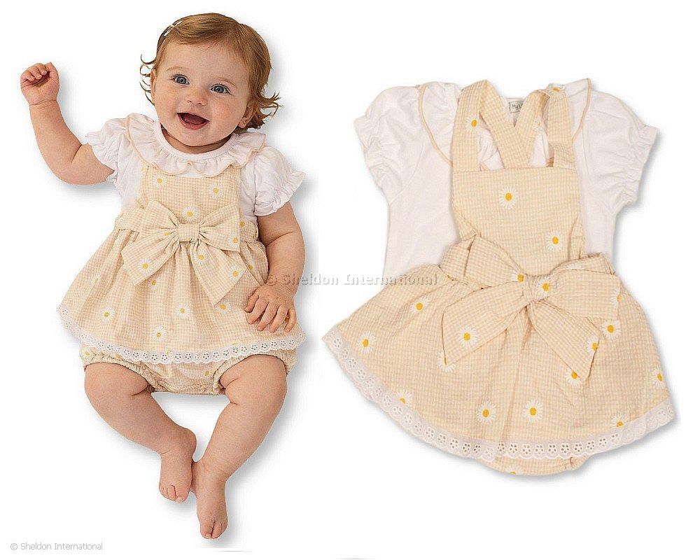 Baby Girls Gingham Dungaree Dress Set With Lace And Bow