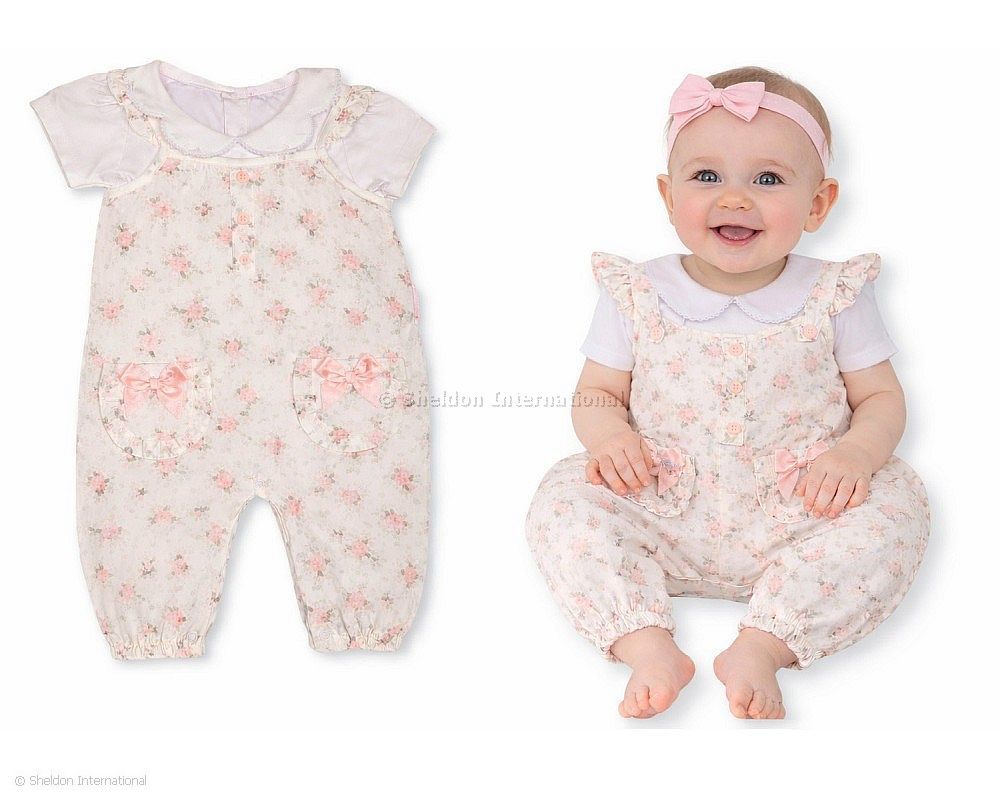 Baby Girls 2 Pcs Long Dungaree Set With Floral Print And Bows