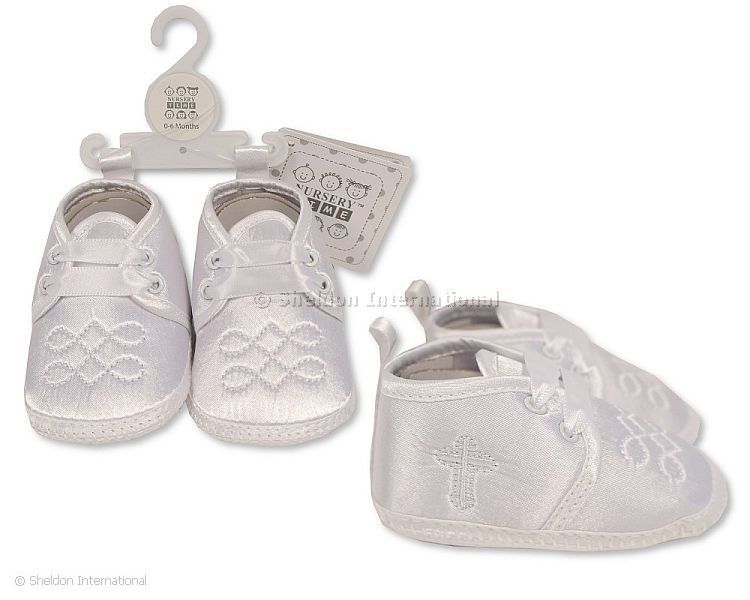 Baby Boys Christening Shoes - Cross - White Embroidery