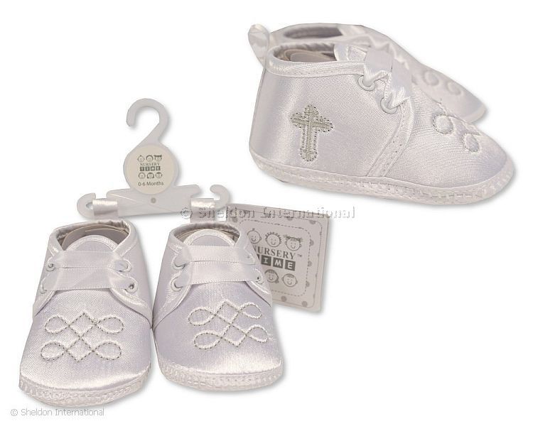 Baby Boys Christening Shoes - Cross - Grey Embroidery