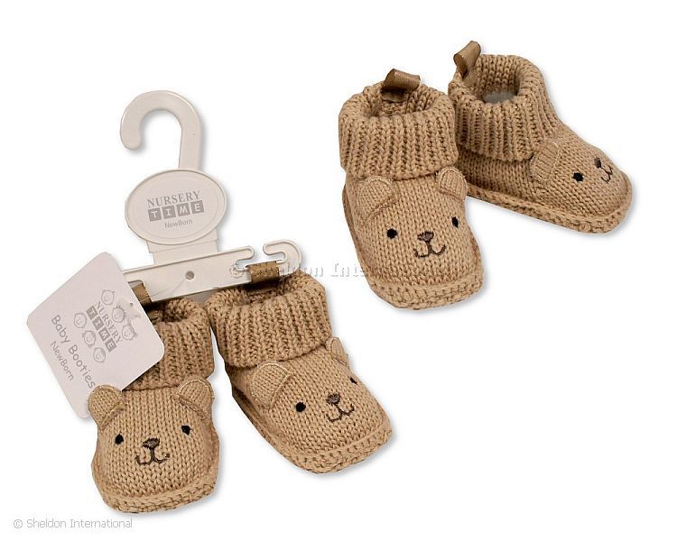 Knitted Baby Booties with Teddy Face Embroidery and Ears - Taupe