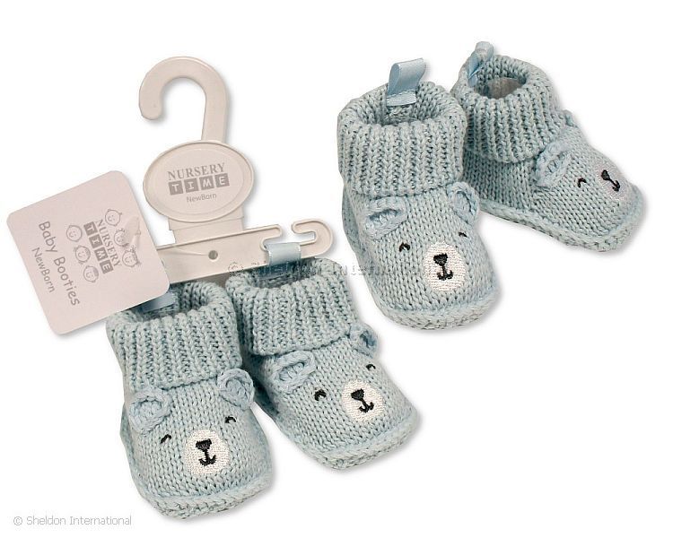 Knitted Baby Booties with Teddy Face Embroidery and Ears - Sky