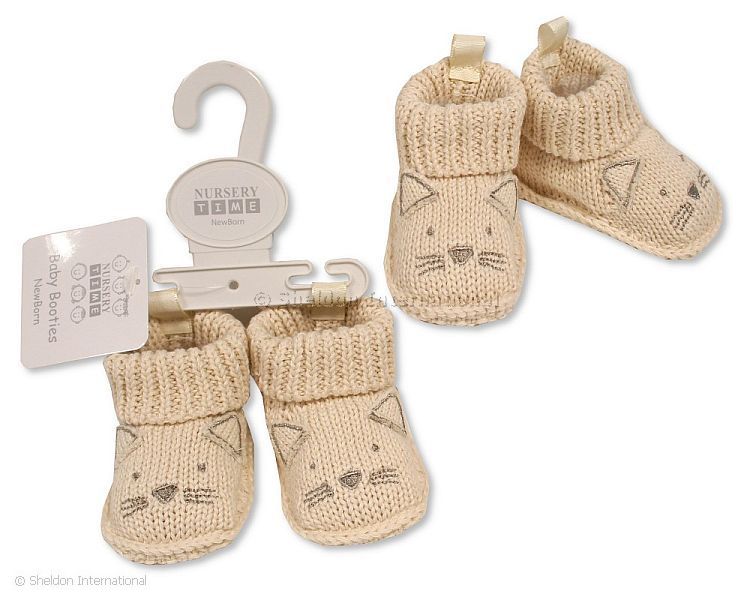 Knitted Baby Booties with Cat Face Embroidery and Ears