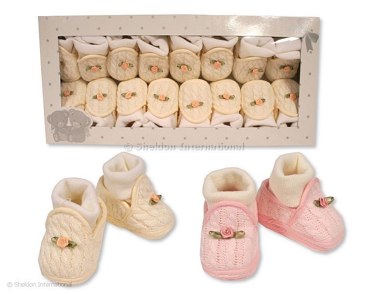 Baby Girls Cotton Booties With Integrated Socks And Rosebud