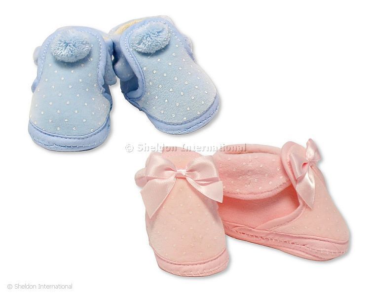 Baby Booties With Flap Over And Bows/Pompoms