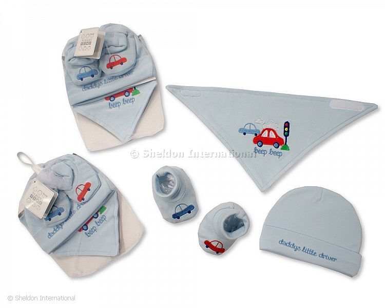 Baby Bib, Hat And Booties Set - Beep, Beep
