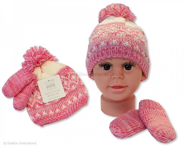 Baby Girls Knitted Pom-Pom Hat And Mitten Set With Lining