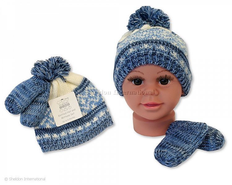Baby Boys Knitted Pom-Pom Hat And Mitten Set With Lining