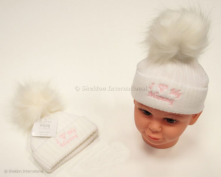 Baby Girls Knitted Pompom Hat - I Love Mummy
