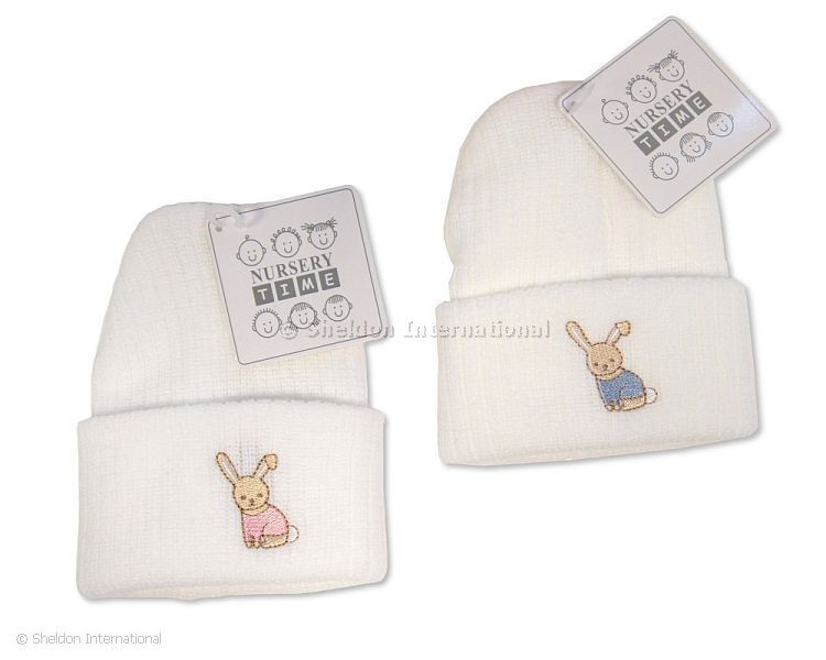 Knittted Baby Hat with Rabbit Embroidery - White/Pink- White/Sky