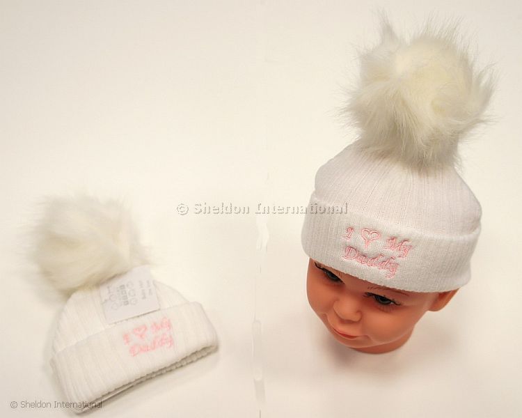 Baby Girls Knitted Pompom Hat - I Love Daddy