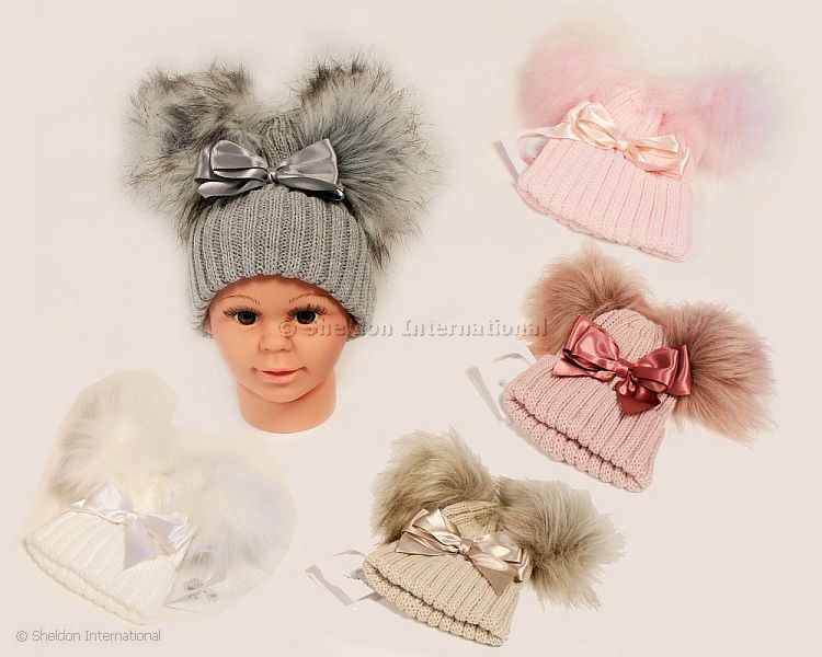 Baby Hat With Double Pom-Pom And Bow - 5 Colours - Medium