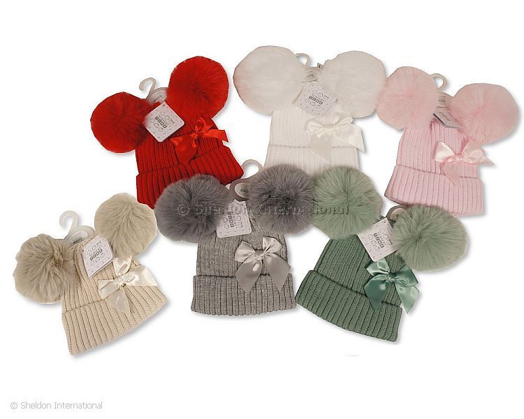Baby Knitted Double Pom-Pom Hat With Bow - 5 Colours