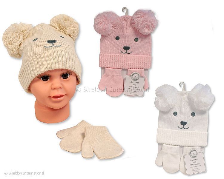 Baby Double Pompom Hat And Mitten Set