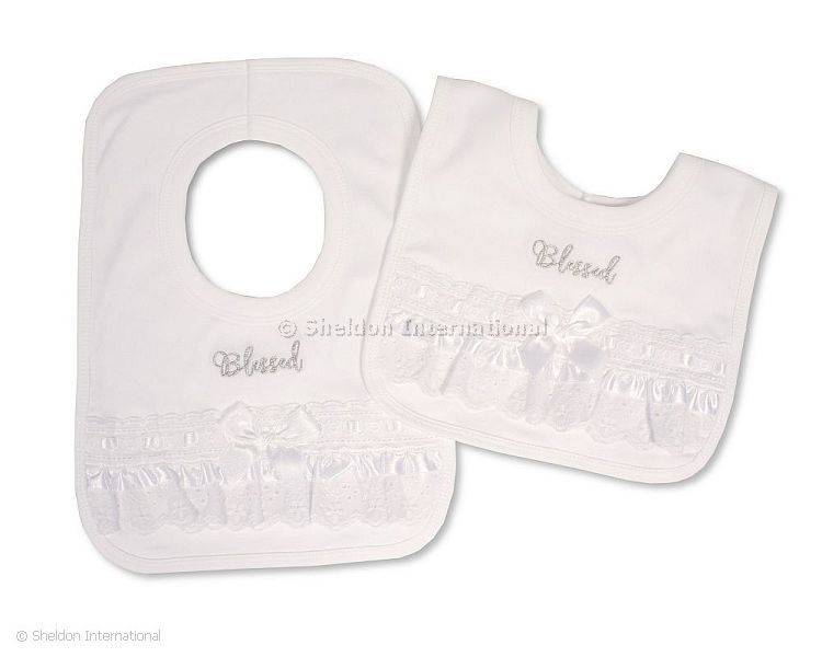 Baby Christening Pop-Over Bibs With Lace And Bow - Blessed
