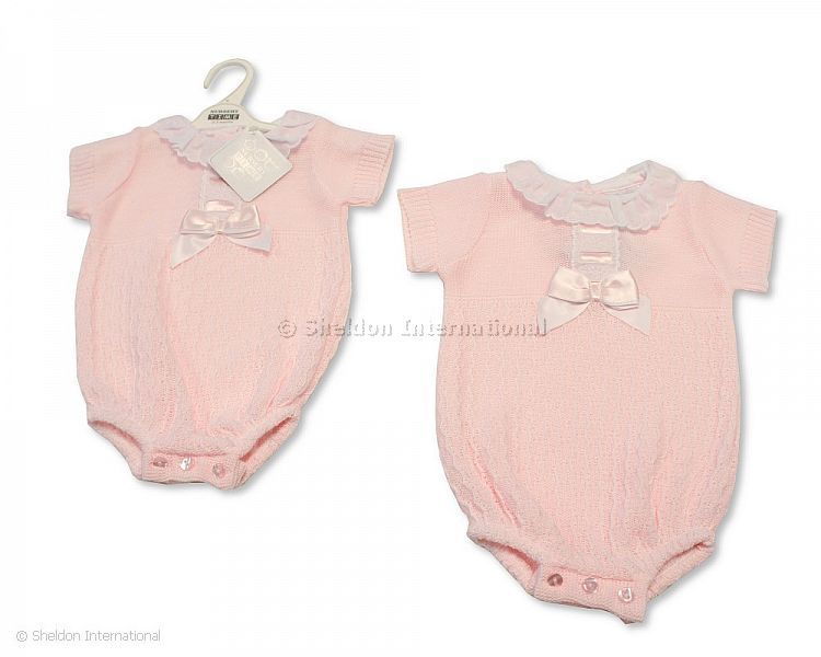 Baby Girls Knitted Romper With Bow And Lace