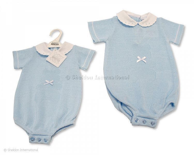 Baby Boys Knitted Romper With Lace Collar And Bow