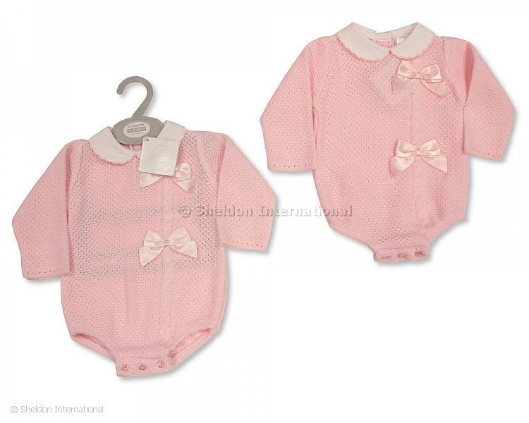 Knitted Baby Girls Short Romper with 2 Bows