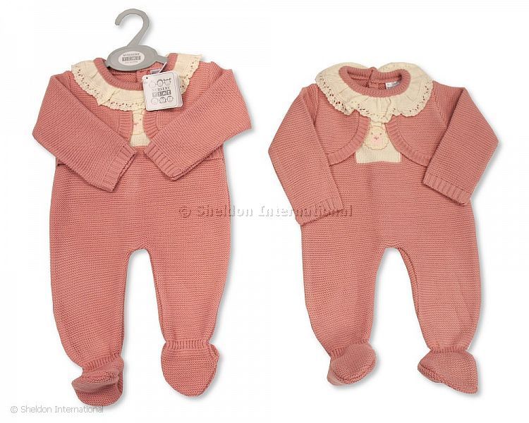 Knitted Baby Girls Long Romper with Faux-Jacket and Lace